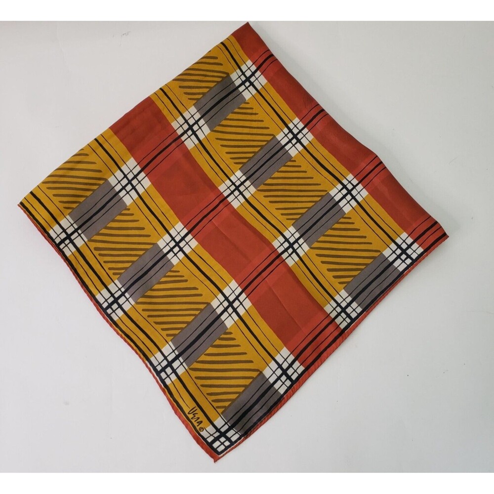 Vintage 80s 90s Vera Neumann Scarf Square Plaid Gold Rust Brown  26"